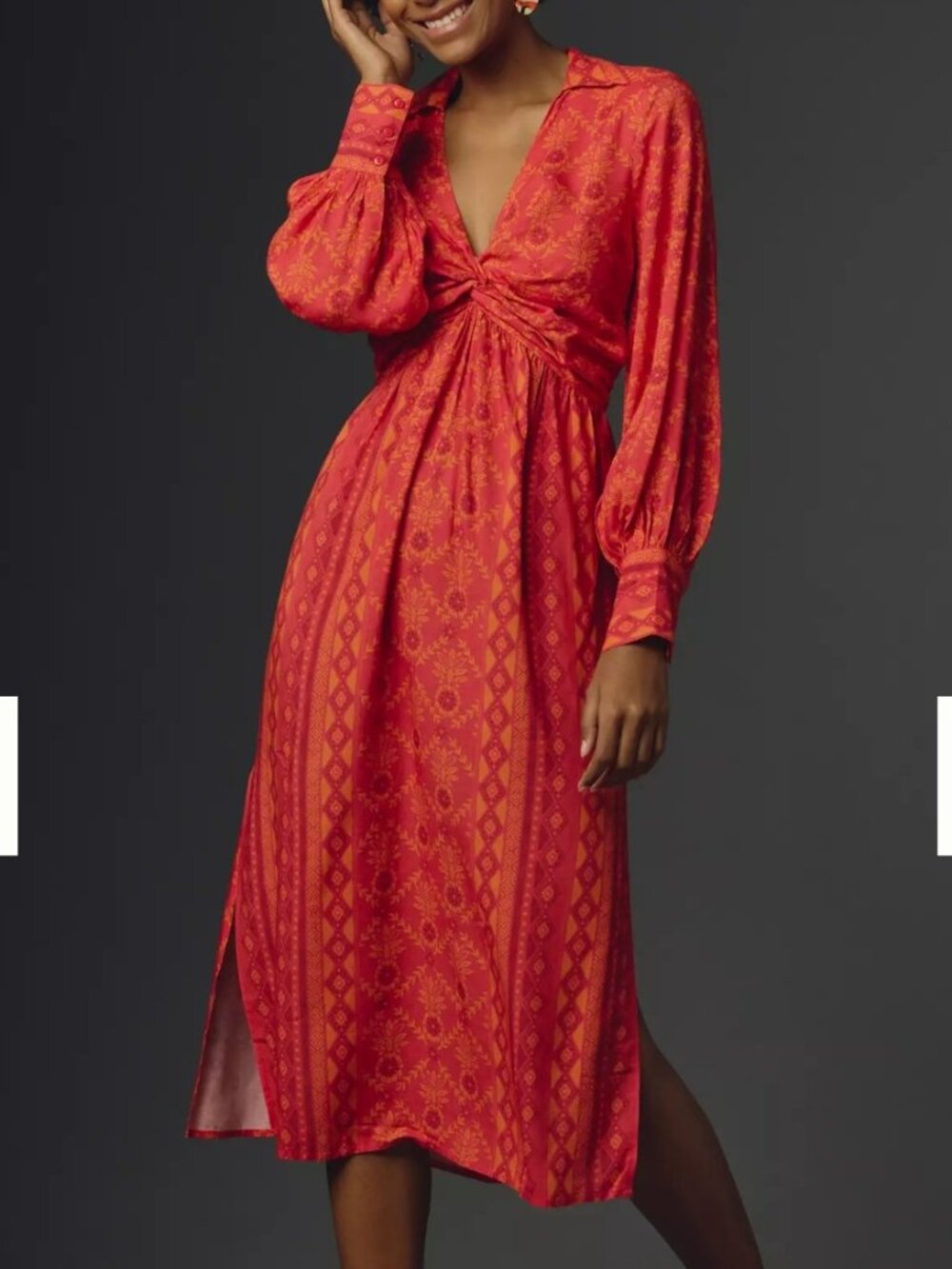 FARM Rio Red and Orange Twist-Front Midi Dress